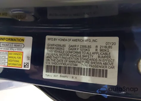 2020 Honda Accord Ex из США, поврежденный, VIN 1HGCV1F45LA107544